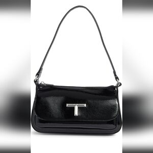 Tahari Gibbs Shiny PU Mini Shoulder Black Bag with Silver T Accent